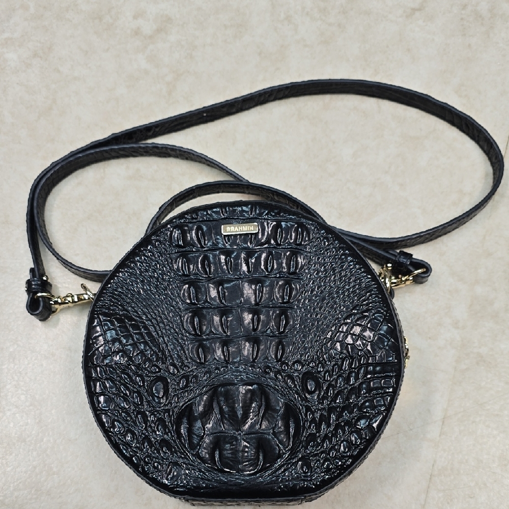 Brahmin Black Embossed Leather Round Crossbody Bag W/ Zipper & Strap
